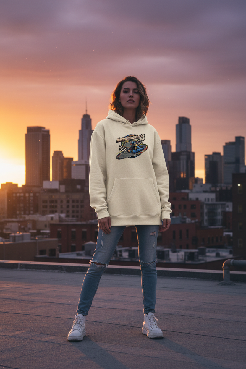 Women's aesthetic hoodie urban lifestyle rooftop golden hour front