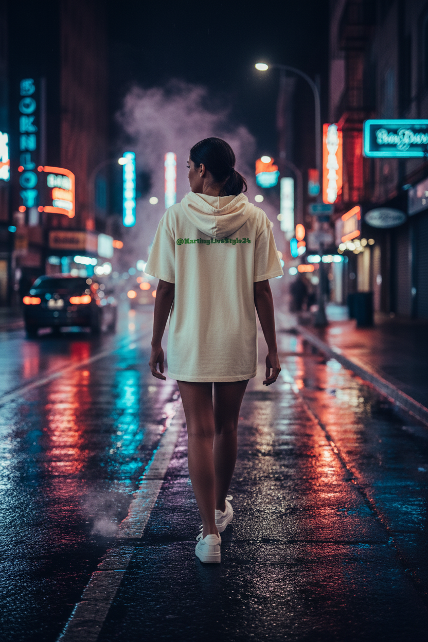 Women's aesthetic hoodie urban lifestyle neon city night back